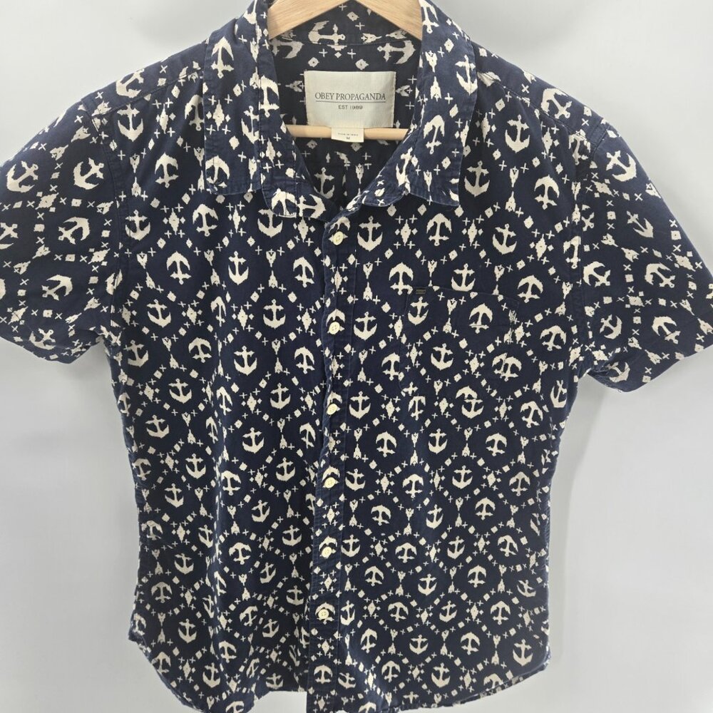 Obey Propaganda Navy Anchor 100% Cotton Short Sleeved Button Down Medium